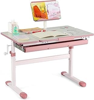 Costzon Kids Desk, Ergonomic Height-Adjustable Children Study Table w/Tiltable Desktop & Book Stand, Pull-Out Storage Drawer & Scale Ruler, Student Workstation for Writing, Drawing, Reading (Pink)