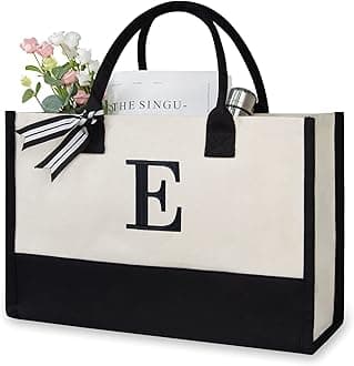 TOPDesign Embroidery Initial Canvas Tote Bag, Personalized Present Bag, Suitable for Wedding, Birthday, Beach, Holiday, is a Great Gift for Women, Mom, Teachers, Friends, Bridesmaids (Letter E)
