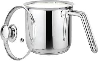 Prabha Stainless Steel Milk Pot with Handle 11cm 1.1 Litre | Milk Boiler Glass Lid Steam Vent | Kitchen Tea Container Water Boiling | Coffee/Milk Warmer, Even & Faster Heating | Induction & Gas Stove.
