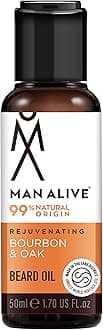 Beard Oil for men by Man Alive 99% Natural skincare 50ml with Oatmeal, Argan Oil, Jojoba Oil & Almond Oil, gifts for men softens facial hair mens gifts birthday gifts for him (Bourbon & Oak)