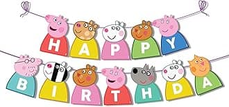 Festiko® Cartoon Pig Happybirthday Theme Party Decoration Banner/Bunting,Cartoon Pigs party Favors for Kids Birthday Decoration(Banner/Bunting with Ribbon)