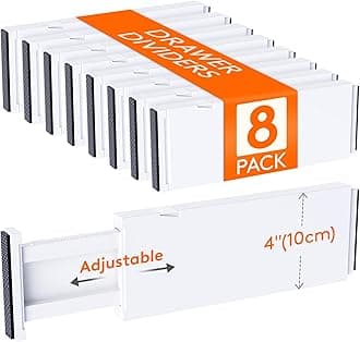 8 Pack 4" High Drawer Dividers 28-43.5cm/11-17" Adjustable Kitchen Drawer Organiser, Expandable Drawer Dividers Separator for Clothes in Bedroom/Bathroom/Office Organisation & Storage White