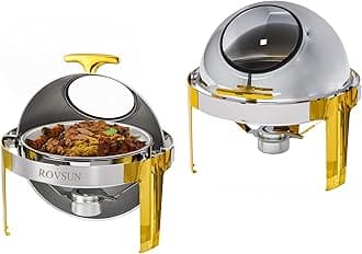 6QT Round Chafing Dishes for Buffet Gold Accent 2 Pack, Stainless Steel Roll Top Chafer for Catering, Food Warmer with Glass Window for Party Wedding Catering Banquet Graduation Event