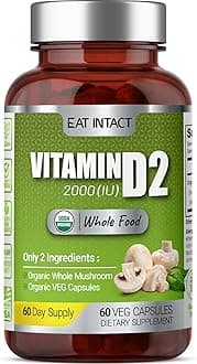 Vegan Whole Food Vitamin D, 2000 IU (50 mcg), D2, Two Ingredients (Organic Whole Mushroom and Organic Vegan Capsule), Non-GMO, Third Party Tested, 60 Day Supply