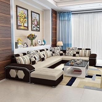 Ripple FURNITURE U Shape 9 Seater Modern Interchangeable Fabric Sofa Set with 4 Puffy (Left, Cream & Grey)