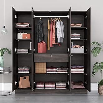 Wakefit Wardrobe | 1 Year Warranty | Engineered Wood Almirah, Cupboard for Clothes Storage | 4 Door, 1 Drawer, 1 Hanging Space | Gingham - Dark Brown