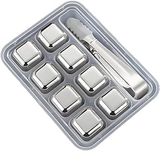 8-Pack Stainless Steel Whiskey Stones with Tongs & Container - Reusable Ice Cubes for Chilling Red Wine, Whiskey, Cocktails & More - Food-Grade Safe