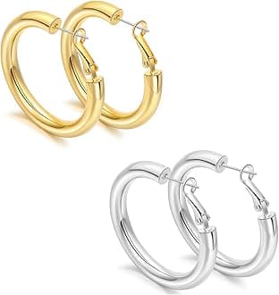 sovesi Chunky Gold Hoop Earrings for Women with 925 Sterling Silver Post, 14K Gold Plated Small Thick Gold Hoops Earrings for Women