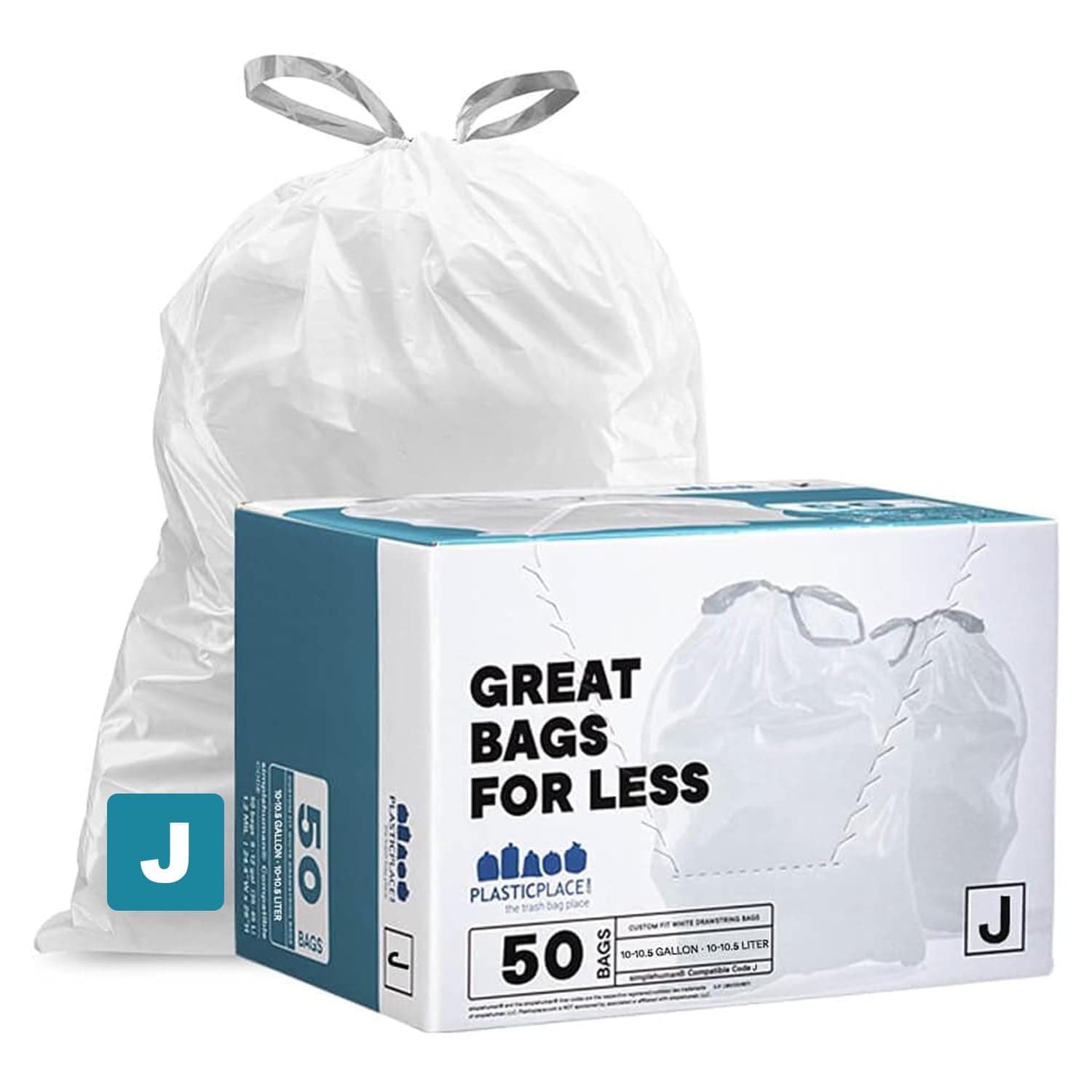 Plasticplace Custom Fit Trash Bags Compatible with Simplehuman Code J 50 Count White Drawstring Garbage Liners 10-10.5 Gallon 21"x28" Tear-Resistant LLDPE Bags for Kitchen Bathroom & Office