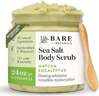 Bare Botanics Matcha Eucalyptus Body Scrub 24oz | Made in USA | All Natural Sea Salt Scrub w/Skin Loving Moisturizers | Vegan & Cruelty Free | Ready to Gift w/a Cute Wooden Spoon