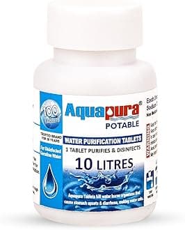 Aquapura Potable Water Purification Tablets 100 Tablets Pack, Each Tablet for 10 litres Water (Water Purifier), 3 Years Shelf Life & Warranty, Makes Water Pure and Safe