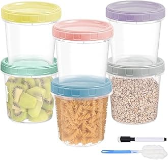 6pcs 32 oz Plastic Containers with Screw Top Lids, Reusable Clear Food Storage Containers with Pen and Brush, Leakproof Freezer Soup Containers, Microwave & Dishwasher Safe