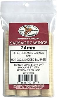 Hi Mountain – Clear 24mm Edible Collagen Sausage Casings Ι Perfect for Hot Dogs, Bratwursts, Italian & Polish Sausage. Package Makes up to 30 lbs. Ideal for Smoking, Grilling & BBQ