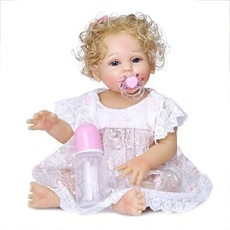 Reborn Baby Dolls Full Body Silicone 18 Inch Realistic Newborn Baby Girl Doll Blue Eyes Curly Blonde Hair Cute Toddler Girl Toy Washable Waterproof Doll