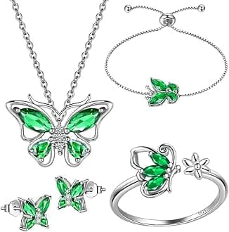 925 Sterling Silver Birthstone Butterfly Jewelry Women Crystal Animal Cute Butterflies Birthday Necklace/Earring/Ring/Bracelet Sets Birth Stone Statement Anniversary Jewellery