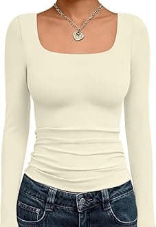 Trendy Queen Womens Square Neck Long Sleeve Shirts Double Lined Slim Fit Tops Y2K Going Out Basic Tees
