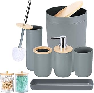 iMucci 9Pcs Grey Bathroom Accessories Set with Trash Can,Toilet Brush,Toothbrush Holder, Lotion Soap Dispenser, Soap Dish,Toothbrush Cup,Vanity Tray,Qtip Holder