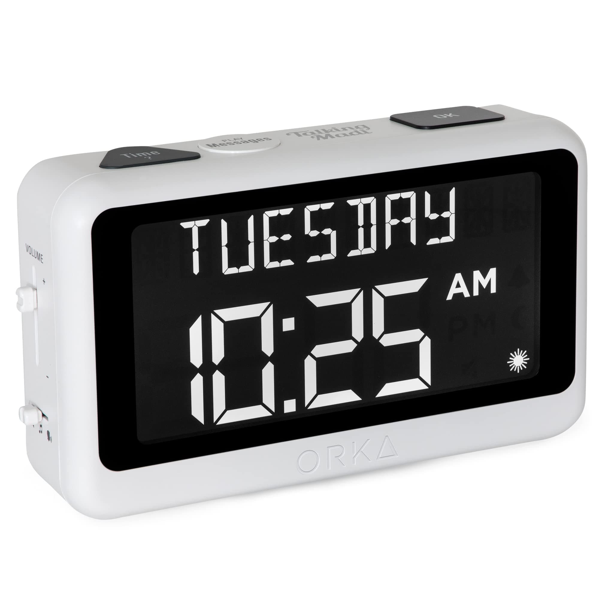 Talking Clock. Voice Recordable Ex Large Medication Pill Reminder. Talking Alarm Clock for Dementia, Hearing, Visually impaired Seniors-Digital Day Clock with Multiple Customized Alarms White