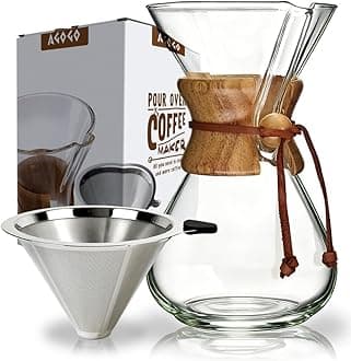 AGOGO Pour-Over Glass Coffeemaker - Woodneck Drip Pot - 304 Stainless Steel Filters - Brush - Cleaning Rags 8 Cup