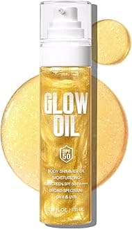 Body Glow Oil, Broad Spectrum SPF 50, Glitter Shimmer Sunscreen Body Oil Lotion with Sequin Mica, Lightweight Non-Sticky Moisturizer with Coconut, Skin Illuminator Glowing Results (03# Gold)
