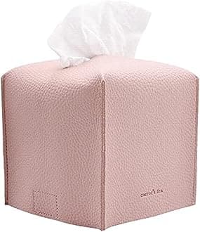 Tissue Box Cover Holder, Square with Bottom Belt by Carrot's Den - PU Leather Decorative Organizer for Tabletop, Bathroom, Car, Office | Baby Pink