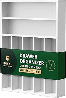 ROYAL CRAFT WOOD Luxury Bamboo Kitchen Drawer Organizer - Silverware Organizer and Cutlery Tray with Grooved Drawer Dividers for Flatware and Kitchen Utensils (7 Slot, White)