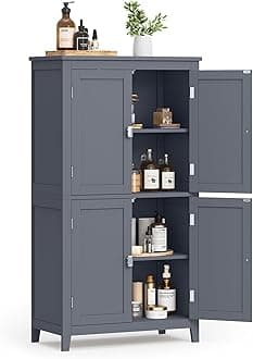 Floor Storage Cabinet, Freestanding Storage Unit with 4 Doors, Adjustable Shelves, 11.8 x 23.6 x 43.3 Inches, for Entryway, Bathroom, Slate Gray UBBC552G01