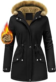 FemiChicWomen Winter Coat Waterproof Fleece Lined Jacket Warm Ladies Parka Drawstring Girdle Hooded Thermal Thickened Detachable Faux Fur Mid Length Outdoor Overcoat