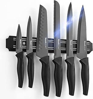 7 Piece Black Sharp Knife Set for Kitchen, Stainless Steel Chef Knife Set with Magnetic Strip and Cover for Meat Cutting