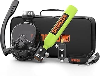 SMACOMini Scuba Tank with Snorkel Mask 0.5L Portable Small Diving Tank with Full Face Diving Mask Reusable Pony Bottle Diving Cylinder Kit for Snorkeling Recreational Diving S300Plus