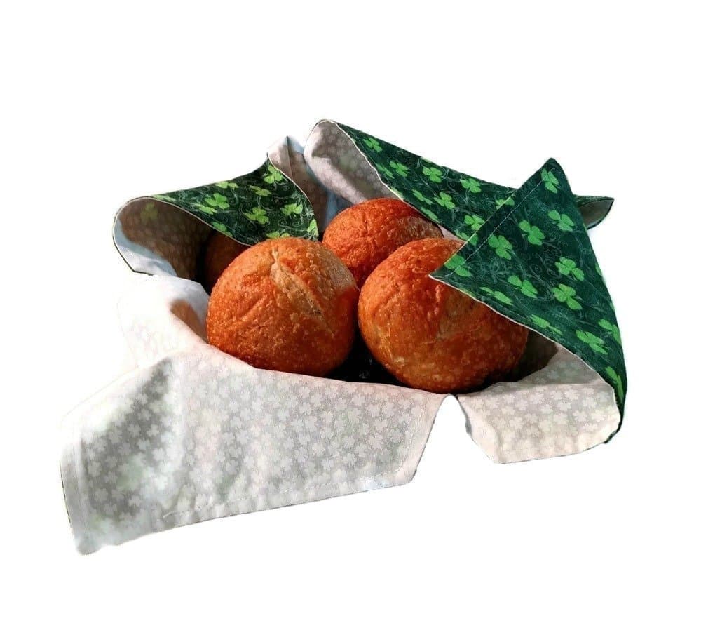 Bread Basket Liner and Warmer for Bread or Hot Rolls in Deep Green and White