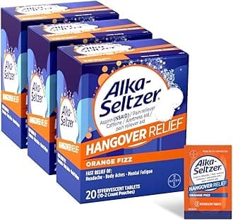 Alka-SeltzerHangover Relief Tablets, Fast Relief Starts In About 15 Minutes for Headaches, Body Aches & Mental Fatigue, Bachelorette & Bachelor Party Packs 60 Count (3 Boxes, 20 Tablets Each)