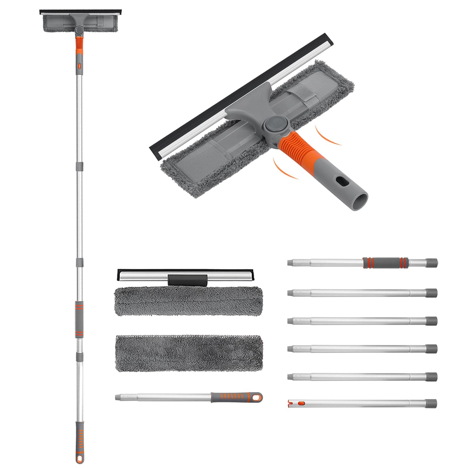 Baban Squeegee Window Cleaner 2 in 1 Window Cleaning Tool with Elbow and Straight Extension Pole, 61'' Telescopic Window Washing Equipment with Bendable Head for Car Indoor Outdoor High Windows (2 Pad