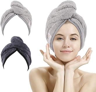 2 Pack Hair Drying Towels, Hair Towel Wrap, Super Absorbent Microfiber Hair Towel Turban with Button Design to Dry Hair Quickly(Dark Gray&Light Gray)