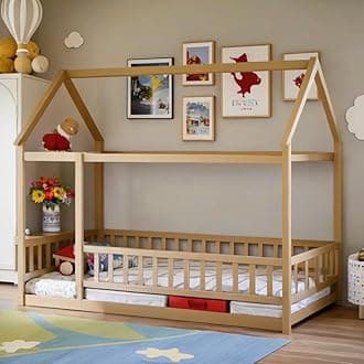 Twin Size Montessori Floor Bed with Roof & Fence for Boys Girls Bedroom,Twin Size Platform Solid Wood Bed Frame w/Safety Guardrails,Easy Assemble,No Box Spring Needed, Natural