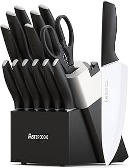 Astercook Knife Set, Kitchen Knives with Block and Sharpener Ceramic Coating 15 Pcs German Stainless Steel Knives Sharp Blade Dishwasher Safe Kitchen Utensils Set with Ergonomic Handle, Elegant Black