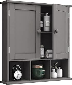 TaoHFE Grey Bathroom Cabinet with 2 Door Adjustable Shelves, Over The Toilet Storage, Wall Mounted Medicine Cabinet for Bathroom & Laundry Room