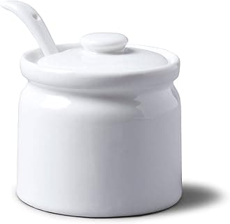T165 Traditional Porcelain Sugar/Jam/Mustard Pot with Lid & Spoon 8cm – White, 24 oz