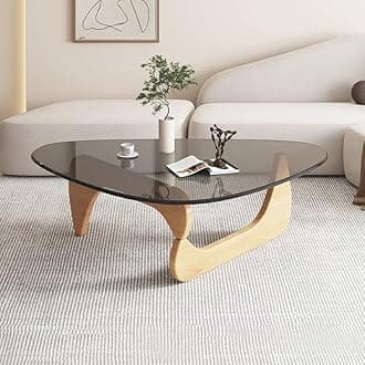 Triangle Coffee Table Modern Noguchi End Table, Solid Wood Base and 8mm Thick Tempered Glass Top Accent for Living Room Office Hotel Patio (Natural Wood Legs + Gray Glass, 50 * 36 * 16)