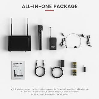 Wireless Microphone System, Phenyx Pro VHF Cordless Mic Set With 1 Handheld+1 Headset+1 Lapel+1 Bodypack, Stable Signal, Long Range, Best for Presentation, Interview, Church, Wedding,Events (PTV-1B)