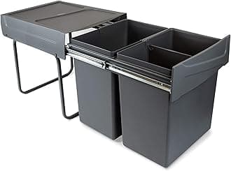 Emuca - Waste containers with lower fixing for kitchen, 2 removable 20L recycling bins, total capacity 40 L (2 x 20 L), steel and plastic, anthracite grey.