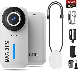 SJCAM C110 4K Action Camera: 200 Minutes Long Recording & 6 Axis Compensation, Ultra Small, Magnetic, Wearable Camera, Waterproof, 18.4 ft (30 m) 170° Wide Angle, POV Photography, Japanese Instruction Manual & 64GB Card Included, For Motorcycles, Travel, Daily Vlog, White