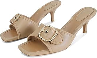 Dsevht Black Kitten Heel Sandals Stiletto Low Heels Slip On Slides Mule Sandal Square Open Toe Dress Shoes for Women, Nude, 7.5