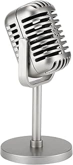 Facmogu Classic Retro Style Microphone Prop with Stand, Fake Vintage Microphone Decor for Party Decorations - Silver