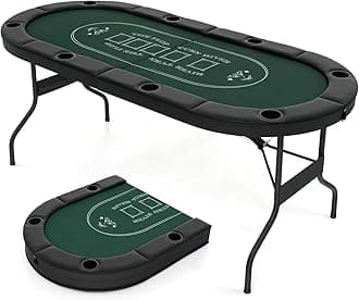 Giantex 8 Player Poker Table Foldable, 72" Portable Folding Texas Holdem Poker Tables w/Padded Rails, Cup Holders, Casino Grade Felt Surface, Oval Card Game Poker Table for Game Room (Black+Green)