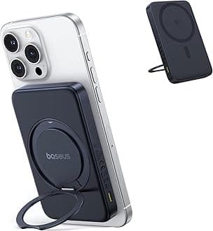 BaseusQi2 MagSafe Power Bank, Ultra-Slim PicoGo 15W Ultra-Fast Wireless Portable Charger with 360° Rotatable Ring Stand, 5000mAh Magnetic Battery Pack for iPhone 16/15/14/13/12 Series (Black)
