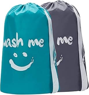 HOMEST 2 Pack XL Wash Me Travel Laundry Bag with Strap, Dirty Garments Organizer, Large Enough to Hold 4 Loads of Clothes, Easy Fit a Hamper or Clothing Basket, Grey and Sky Blue