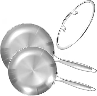LOLYKITCH 8.5-10 Inch Tri-ply Stainless Steel Frying Pan Set with Lid,Skillets,Induction Cookware,Dishwasher and Oven Safe