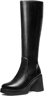 Black Knee High Boots for Women - Platform Tall Boots Square Toe Chunky Block Heeled Gogo Boots B 9