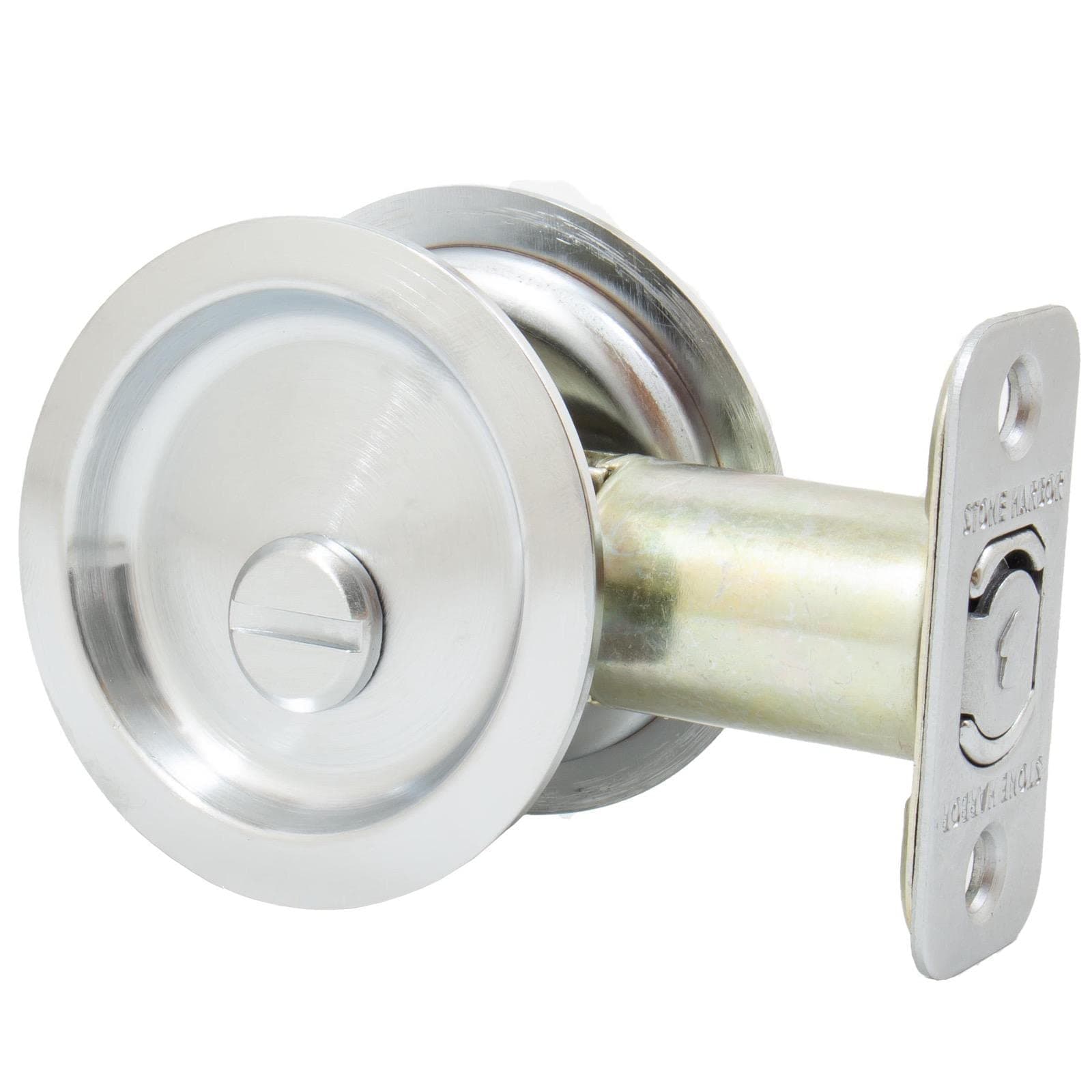 Round Pocket Door Lock, Privacy (Bed/Bath) Latch, 2-3/8" Backset, RCL, Satin Chrome by Stone Harbor Hardware
